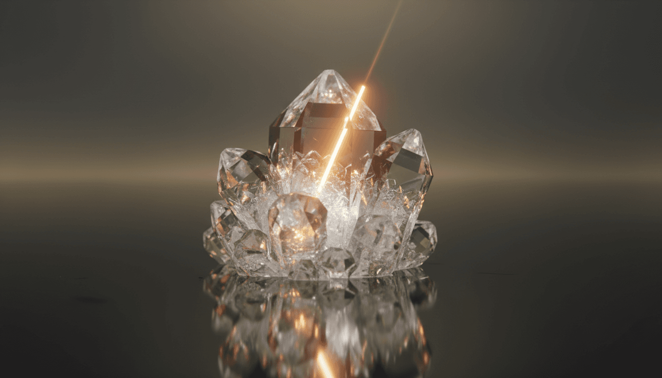 Struttura cristallina illuminata da un fascio di luce su superficie riflettente scura