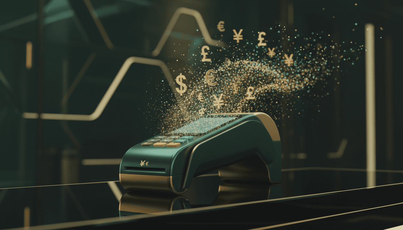 Terminale di pagamento digitale con simboli di valuta che si dissolvono in particelle di luce