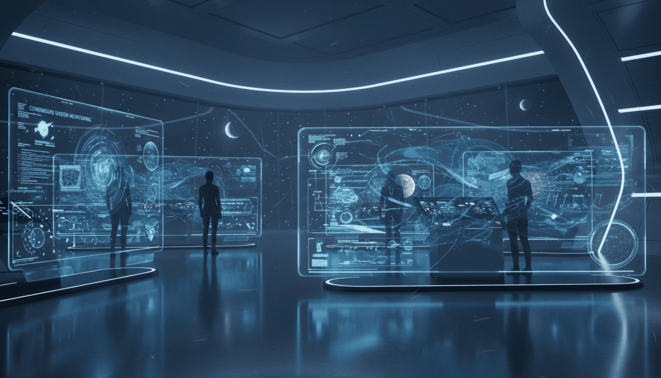 Sala di controllo futuristico con display olografici blu e sagome gentili