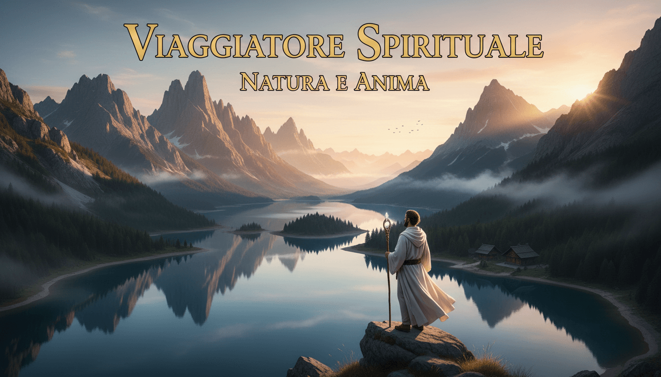 Spiritual traveler in natural landscape with mountains and lakes