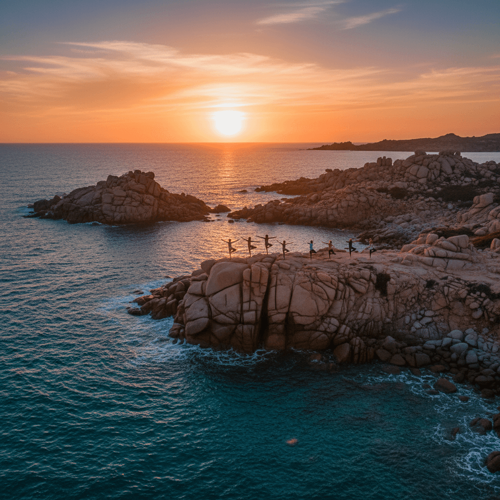Tramonto sulla costa sarda con yoga sulla scogliera