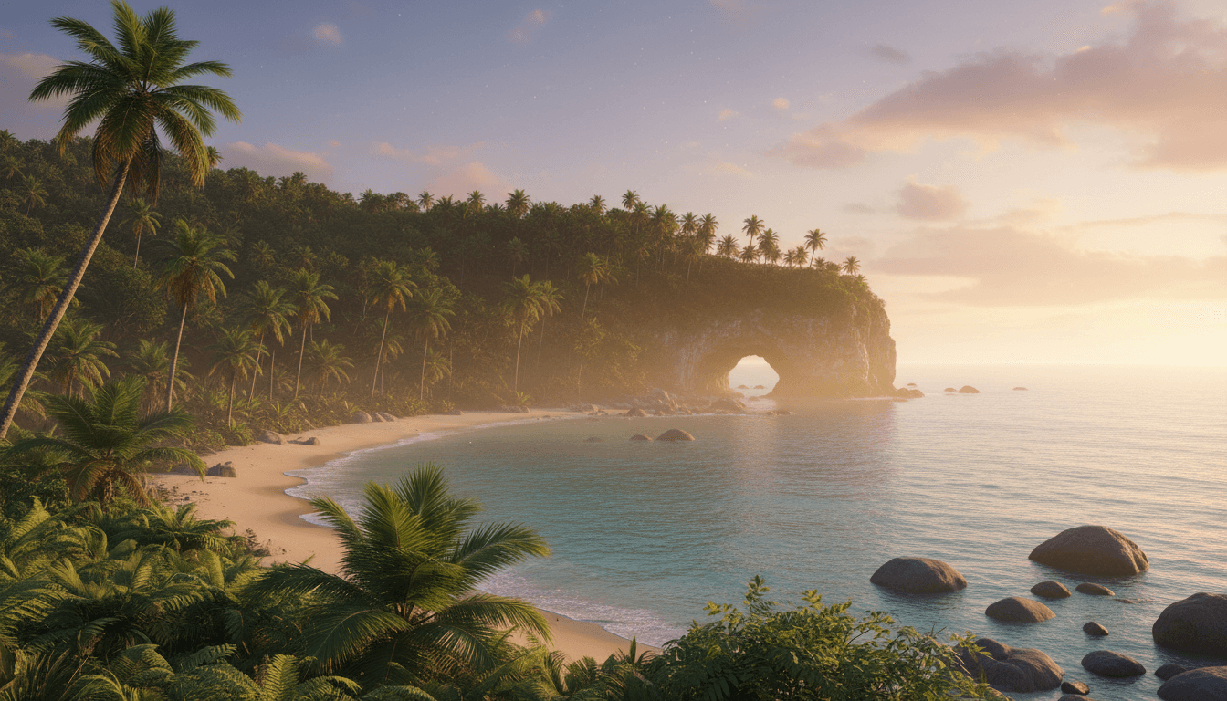 Lush Brazilian forest meets azure ocean under golden hour light, tranquil and mystical.