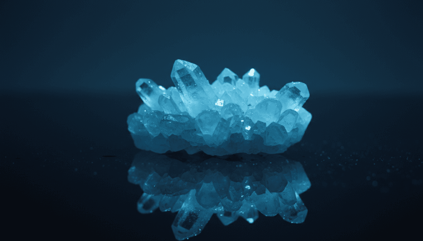 Un cristallo grezzo appoggiato su una superficie scura riflette una luce azzurra, dettaglio essenziale e sacro