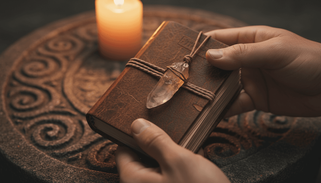 Traveler's hands holding a journal and a crystal pendant in preparation for a spiritual voyage
