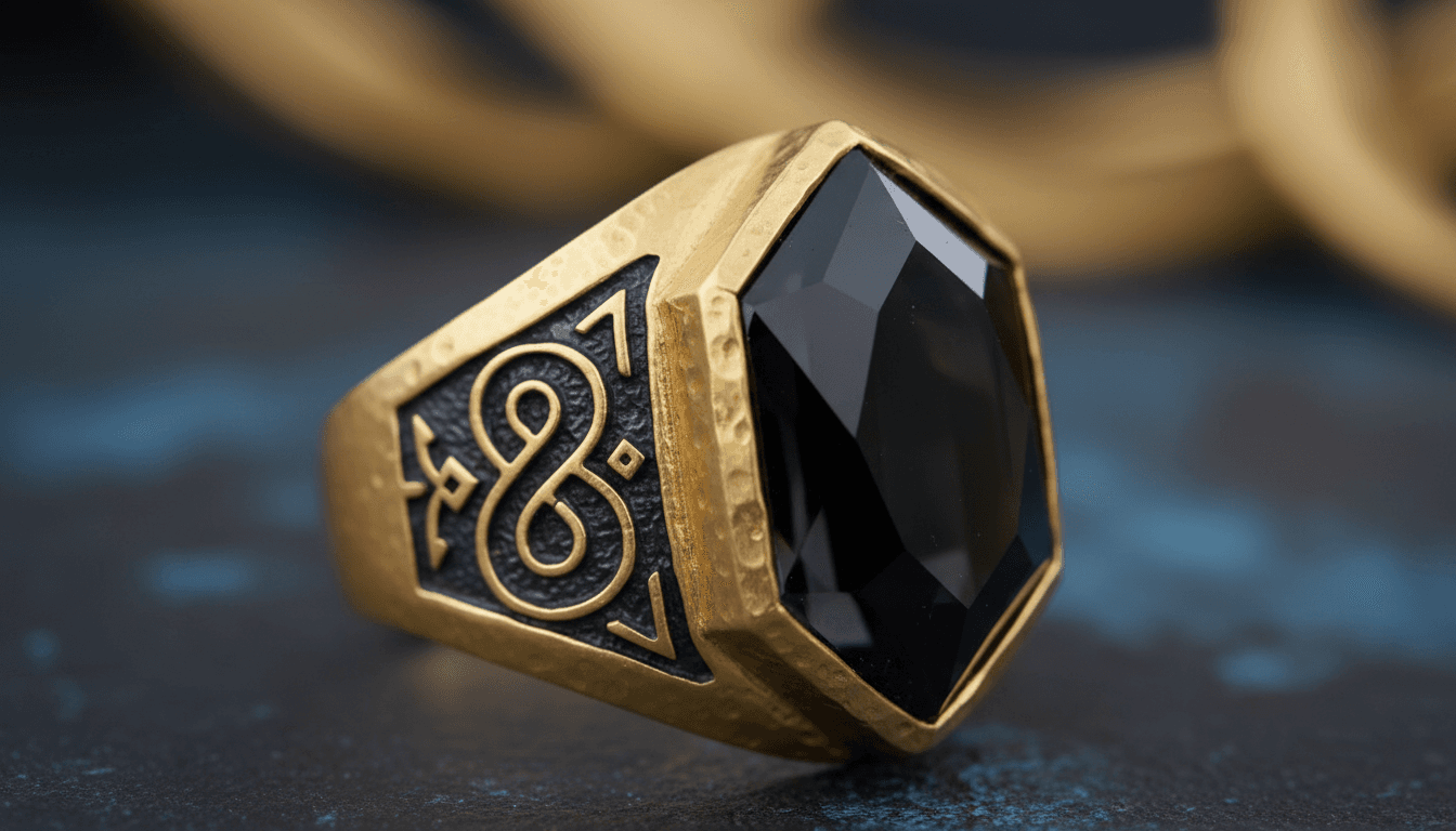 Primo piano di anello dorato con simbolo inciso e cristallo scuro