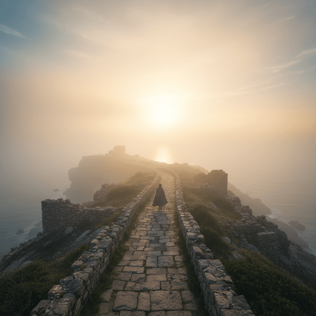 Sentiero costiero alba con viaggiatore solitario