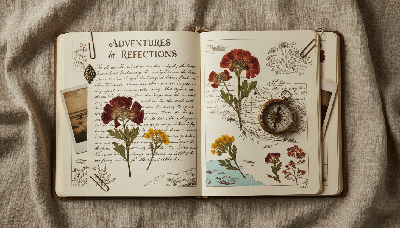 Diario di viaggio aperto con fiori secchi
