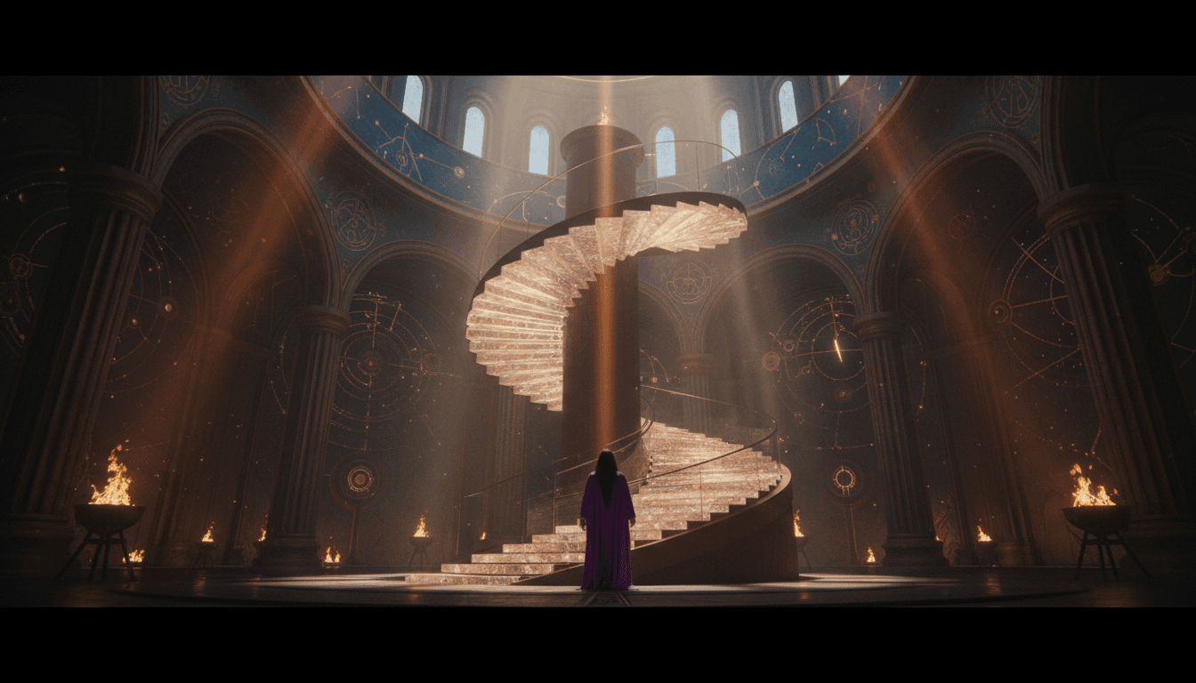 Sacred interior of the Tempio 44 with a luminous spiral staircase