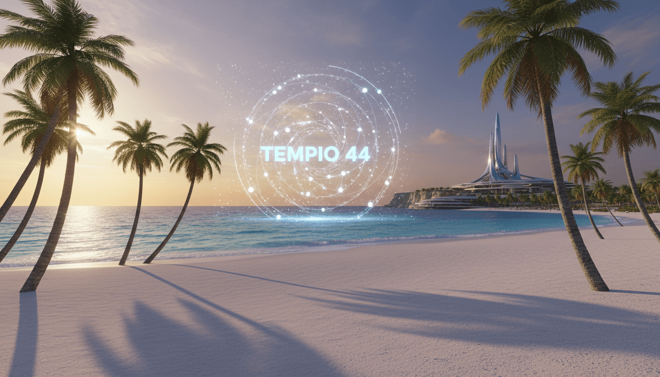 Vista interna di un tempio futuristico con un soffitto stellato