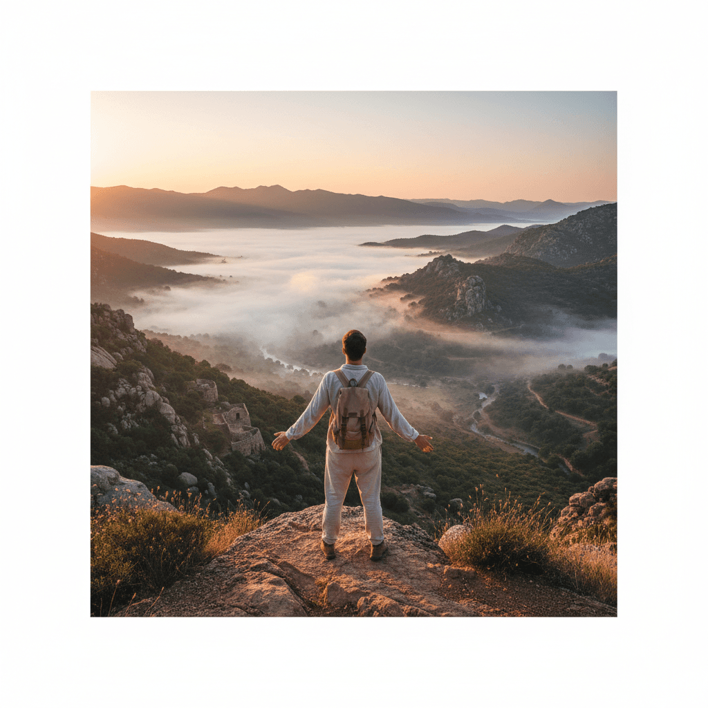 Viaggiatore che contempla una valle al mattino