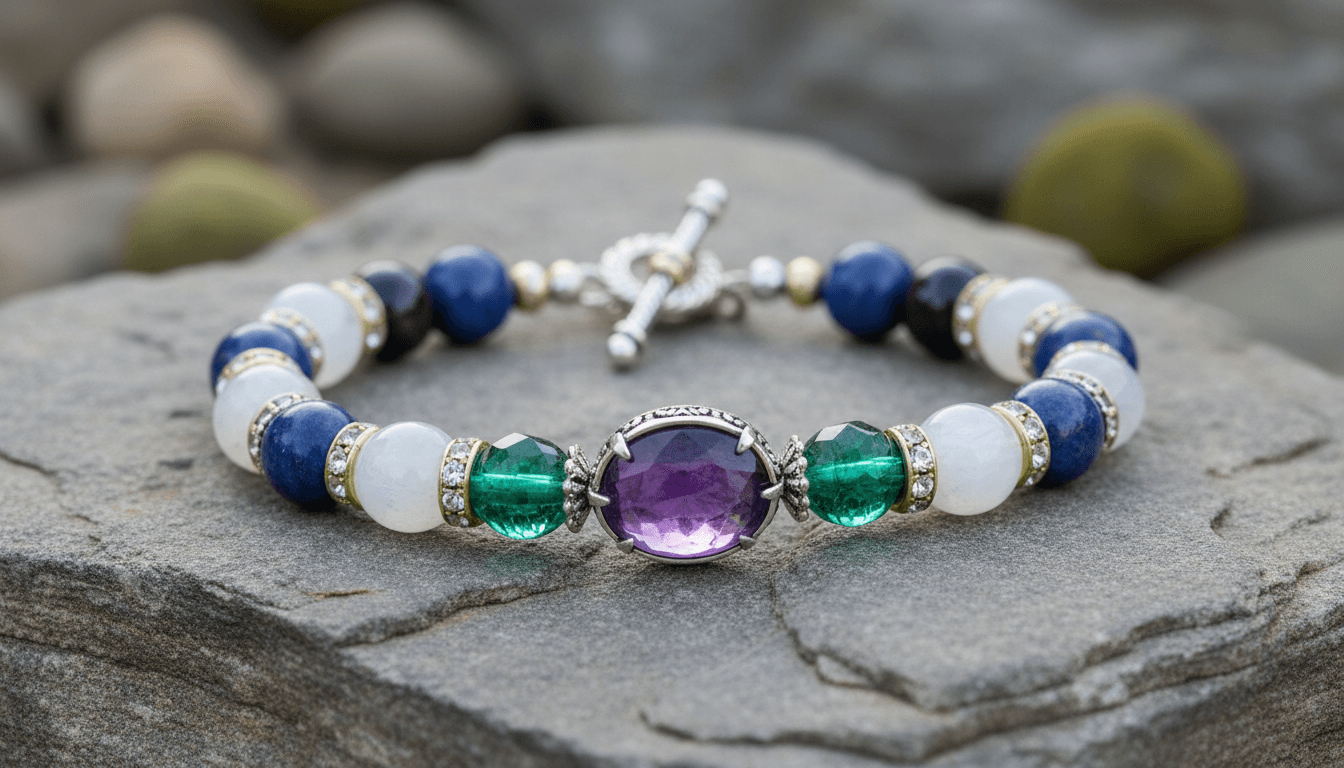 Elegante bracciale con perle di pietre naturali su superficie di pietra
