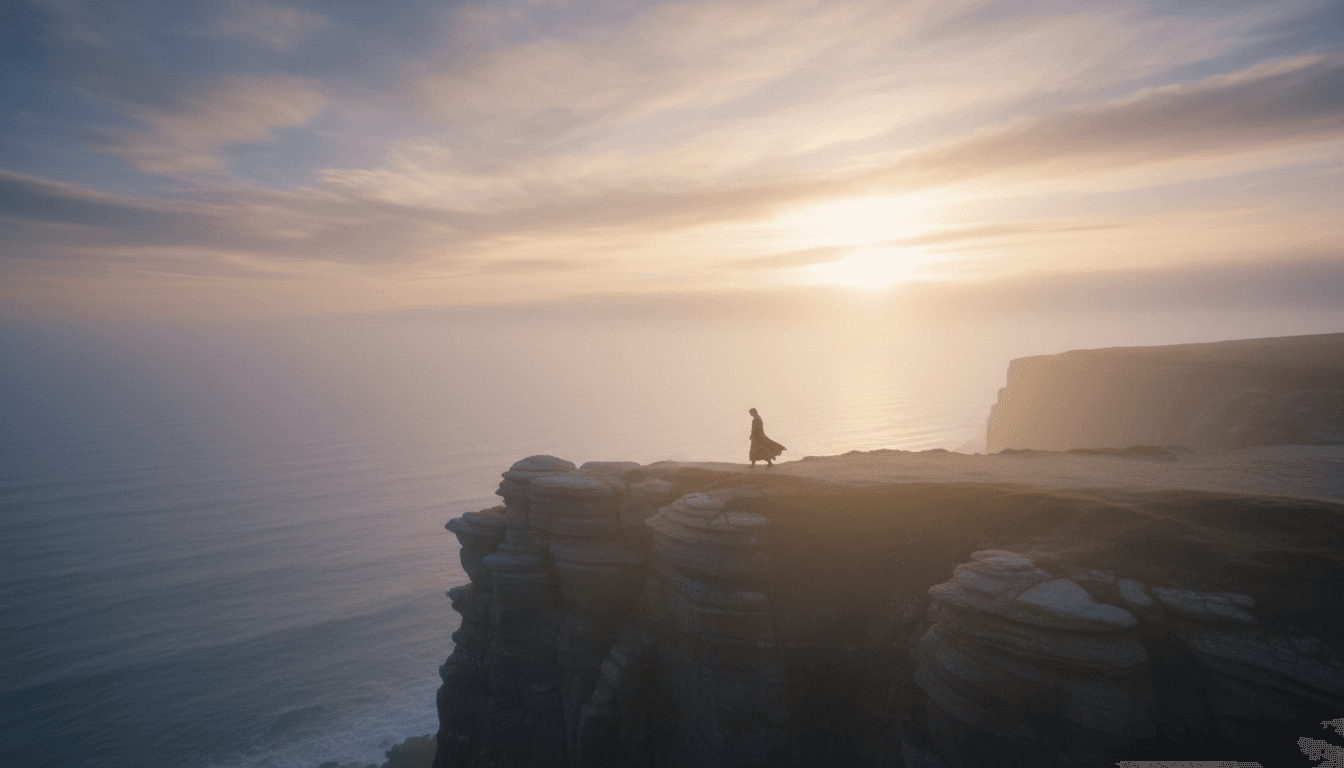 Viaggiatore solitario su una scogliera al sorgere del sole