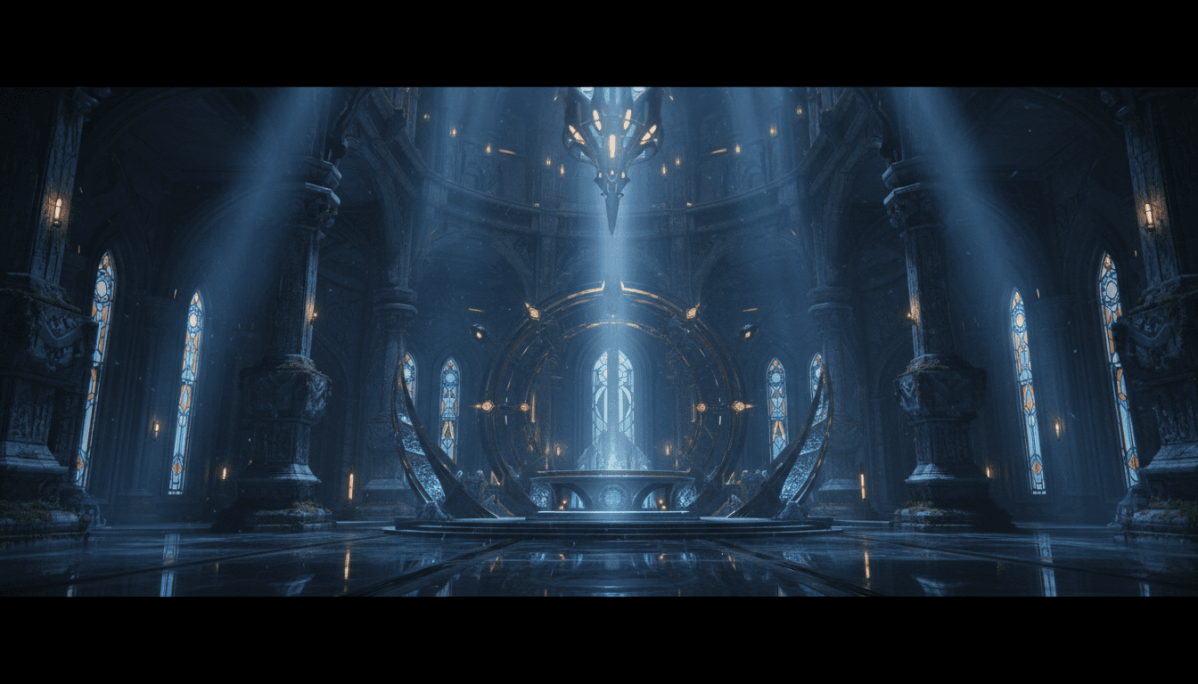 Sacred futuristic temple interior with ethereal light