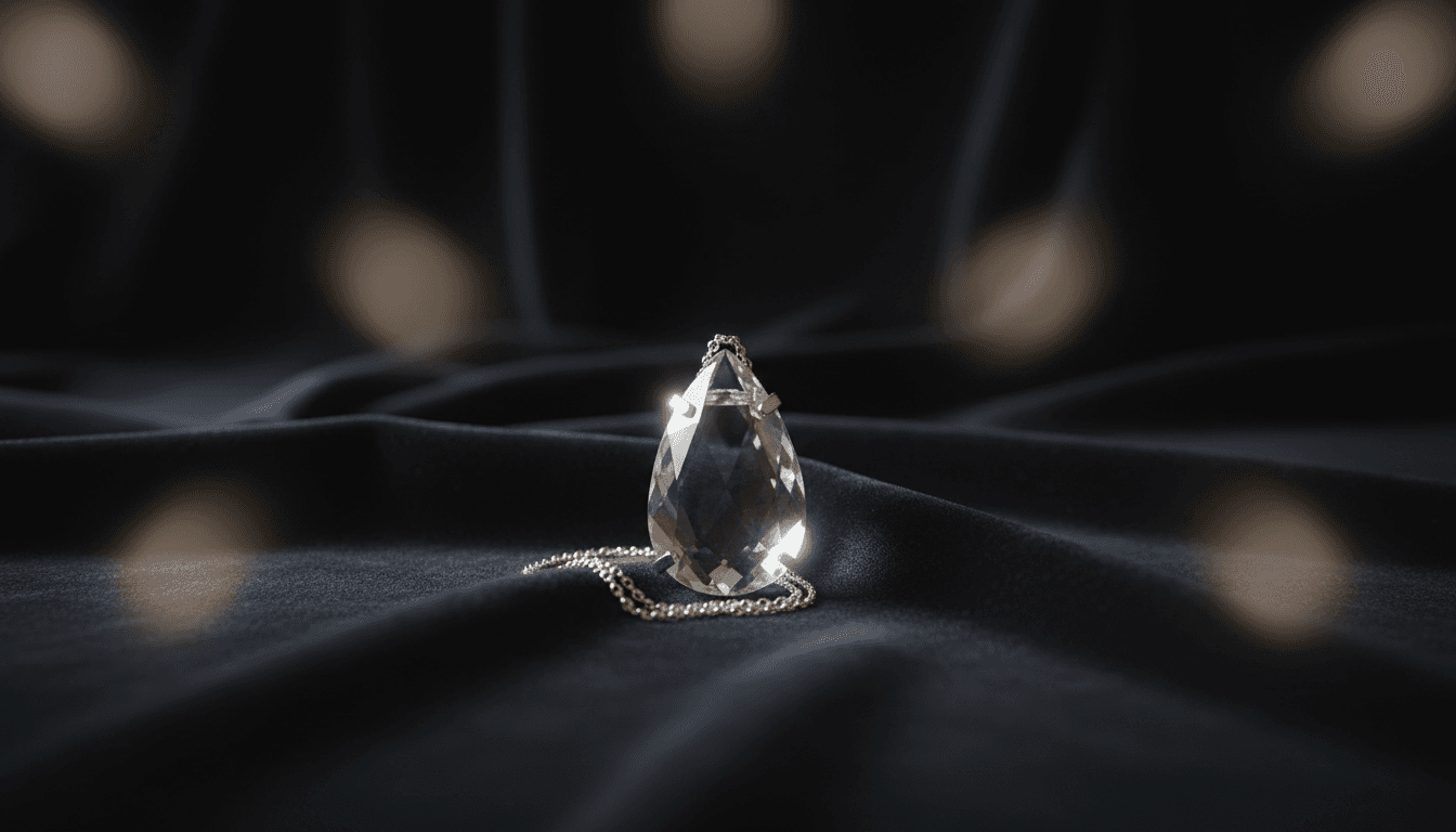 Ciondolo in cristallo su sfondo scuro ed elegante con luce soffusa