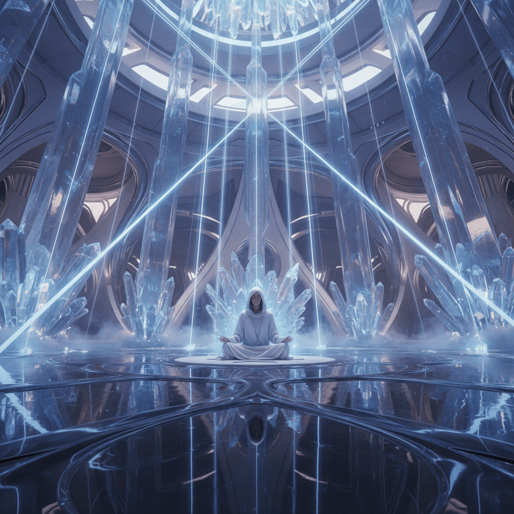 Meditazione in un tempio futuristico con cristalli