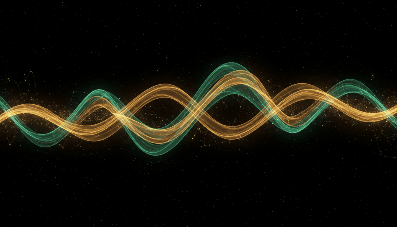 Visualizzazione astratta di onde sonore dorate e verdi su sfondo scuro