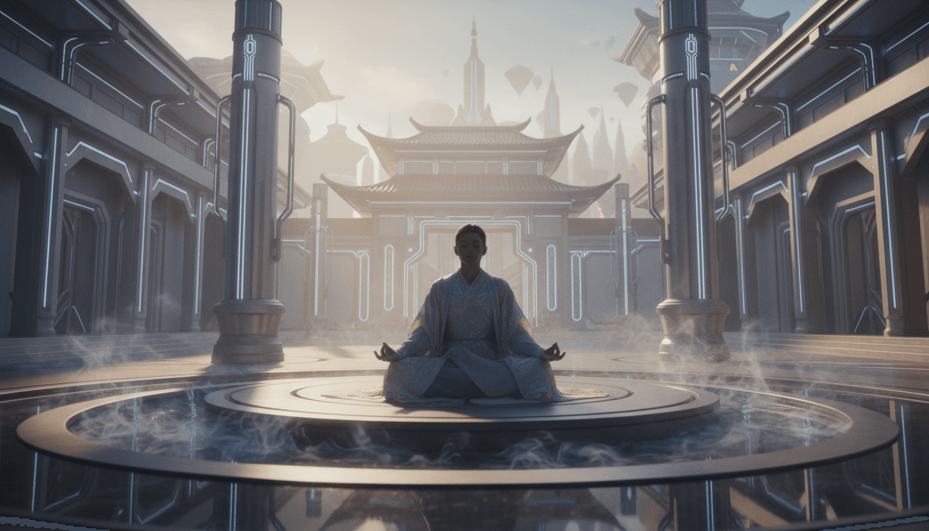Persona in meditazione nel cortile di un tempio