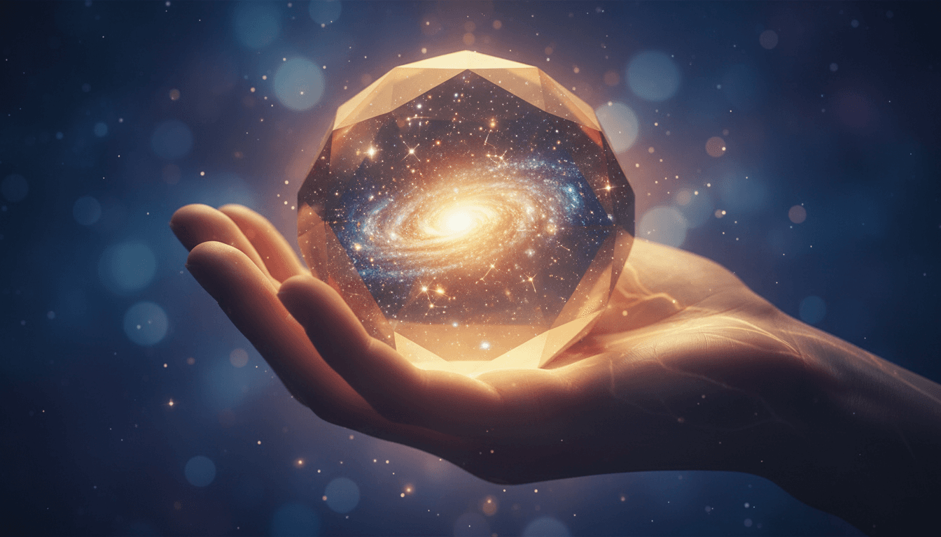 Mano che regge una sfera di cristallo luminosa