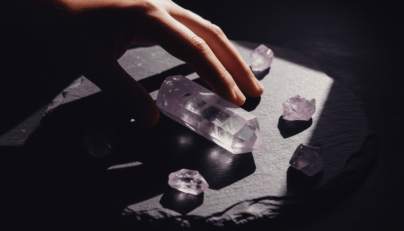 Cristalli su pietra scura con luce riflessa