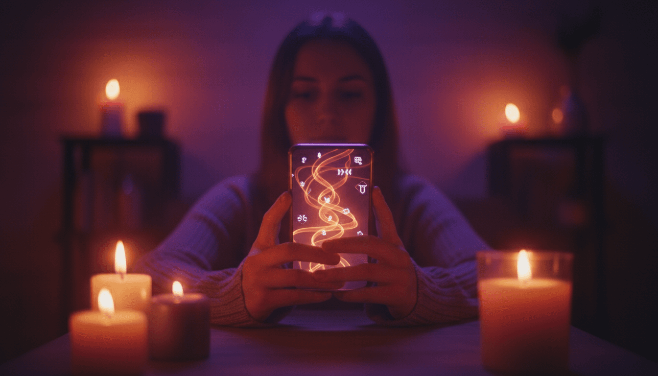 Mani che tengono uno smartphone illuminato in una stanza con luce di candela