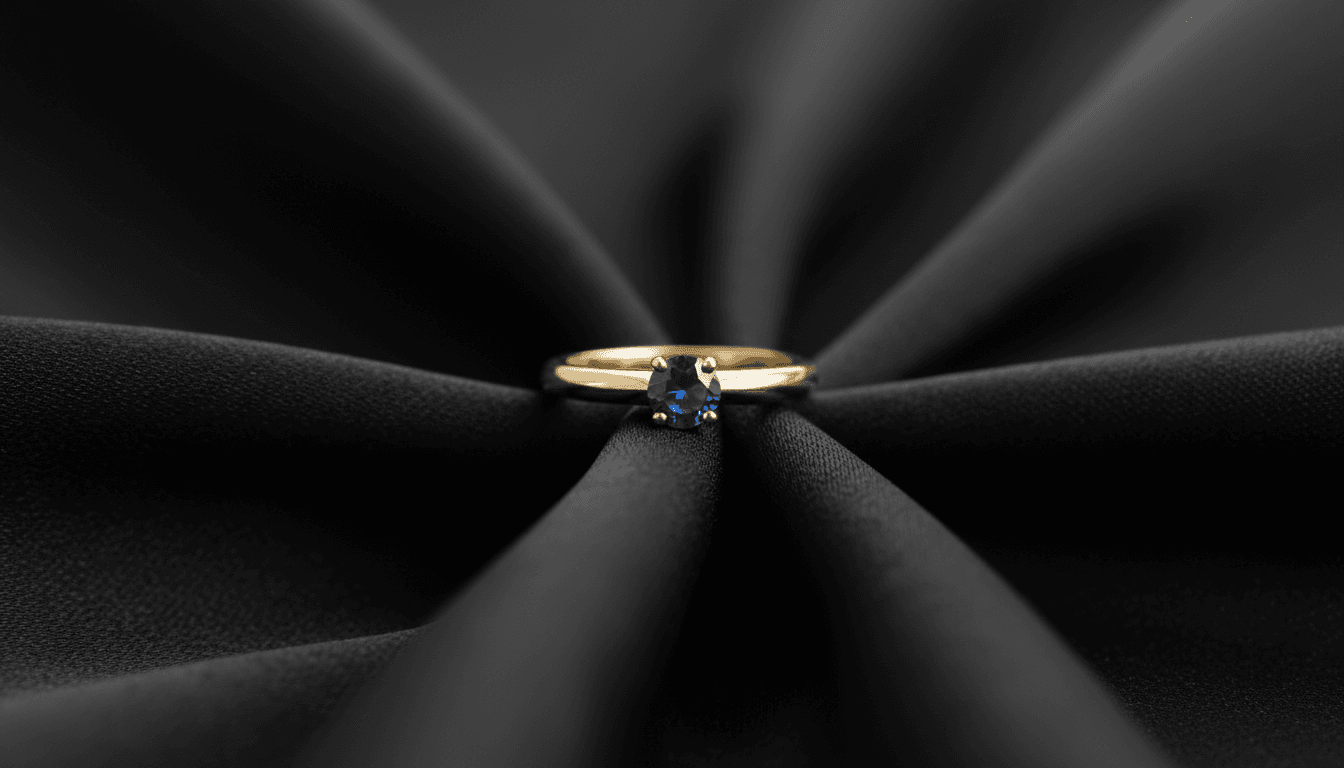 Anello in oro con piccola pietra preziosa su tessuto di seta nera