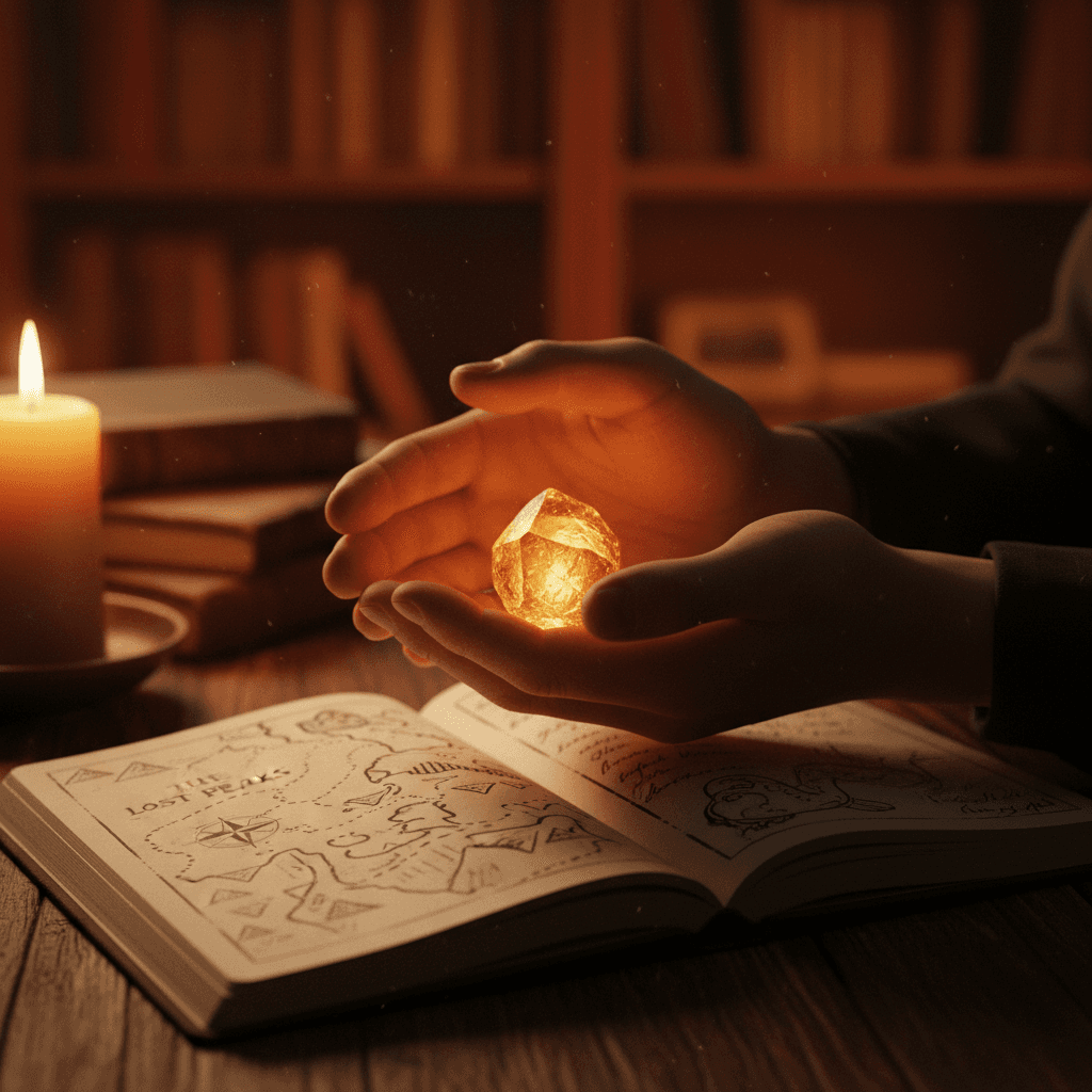 Mani con cristallo luminoso e diario di viaggio