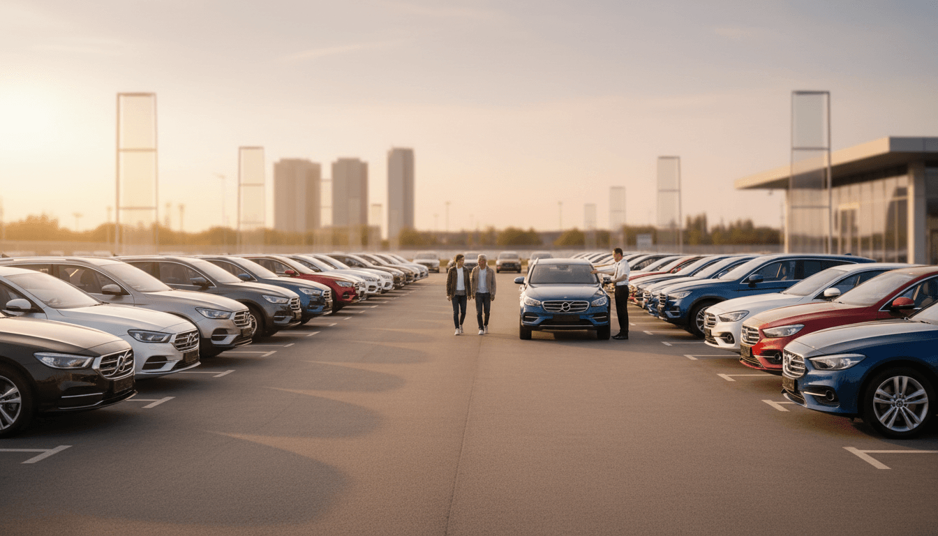 Customer and rental agent examining parked vehicles at outdoor car rental lot during golden hour