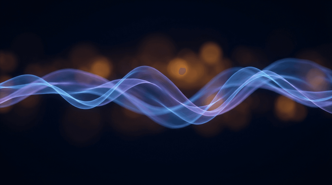 Onde sonore di luce dorata che fluiscono su uno sfondo cosmico blu