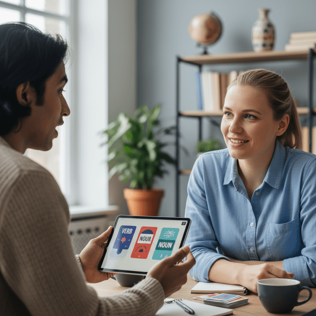 Professional one-on-one language coaching session between instructor and international employee using tablet for instruction