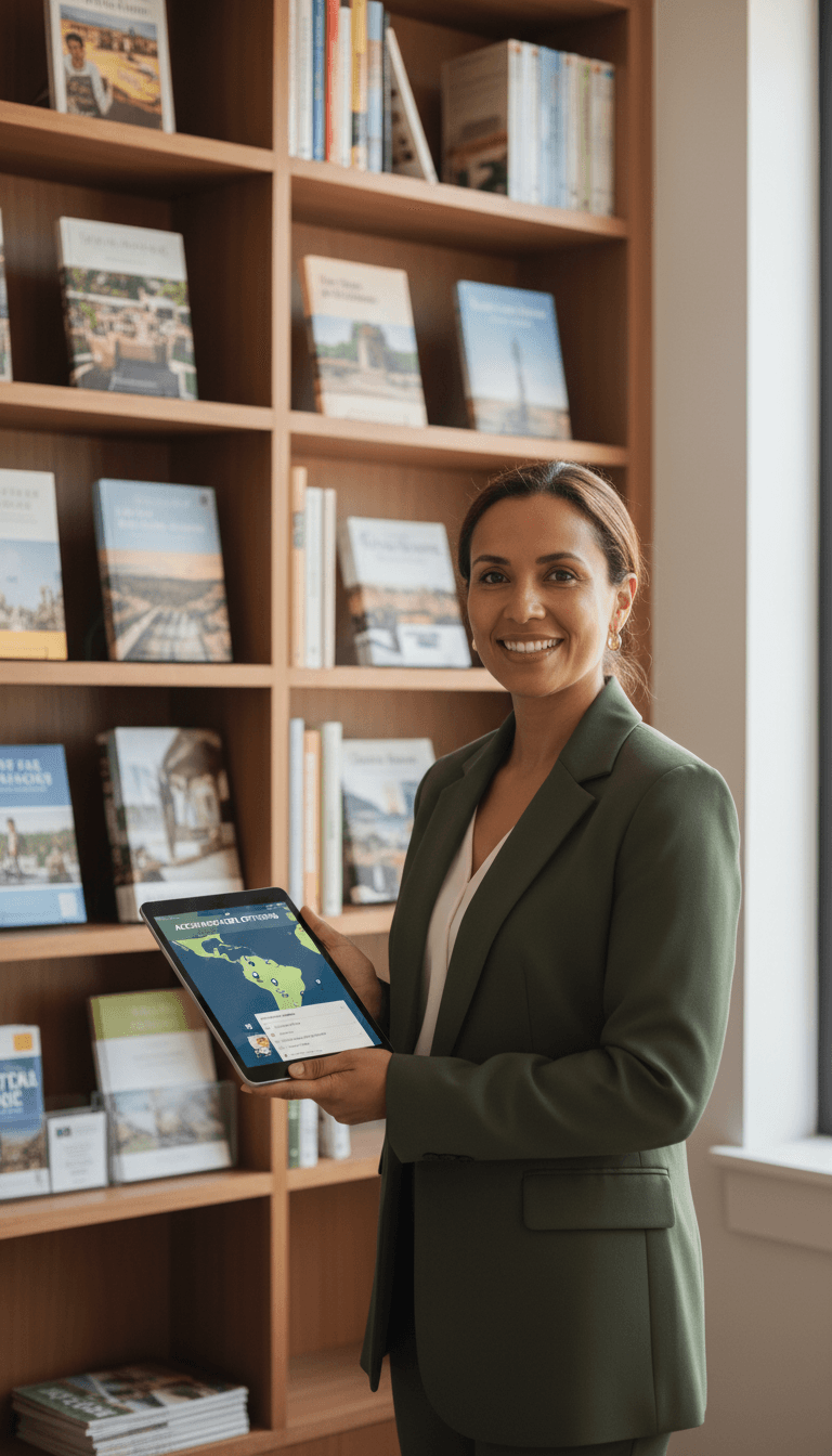 Professional travel consultant holding tablet showing South America map and accommodation options, standing in modern agency office