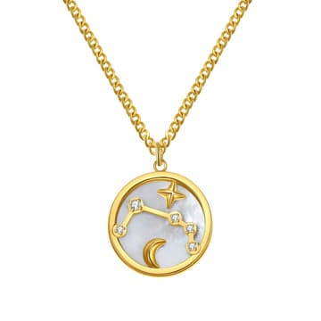 Collana d'oro con ciondolo circolare in madreperla decorato con costellazione, luna crescente e stella.