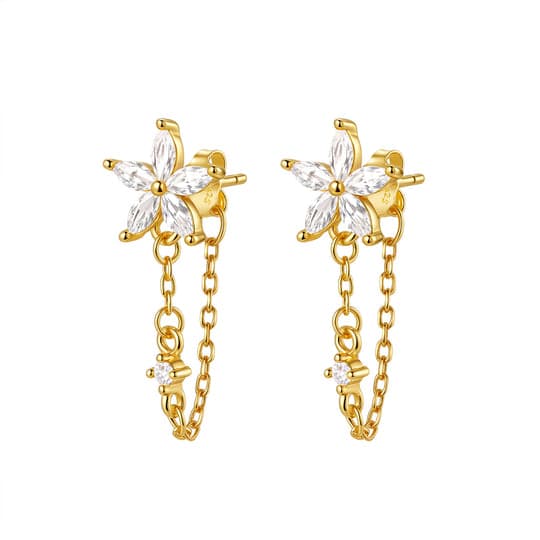 Orecchini a fiore in oro con petali di cristallo e catenella pendente con punto luce.