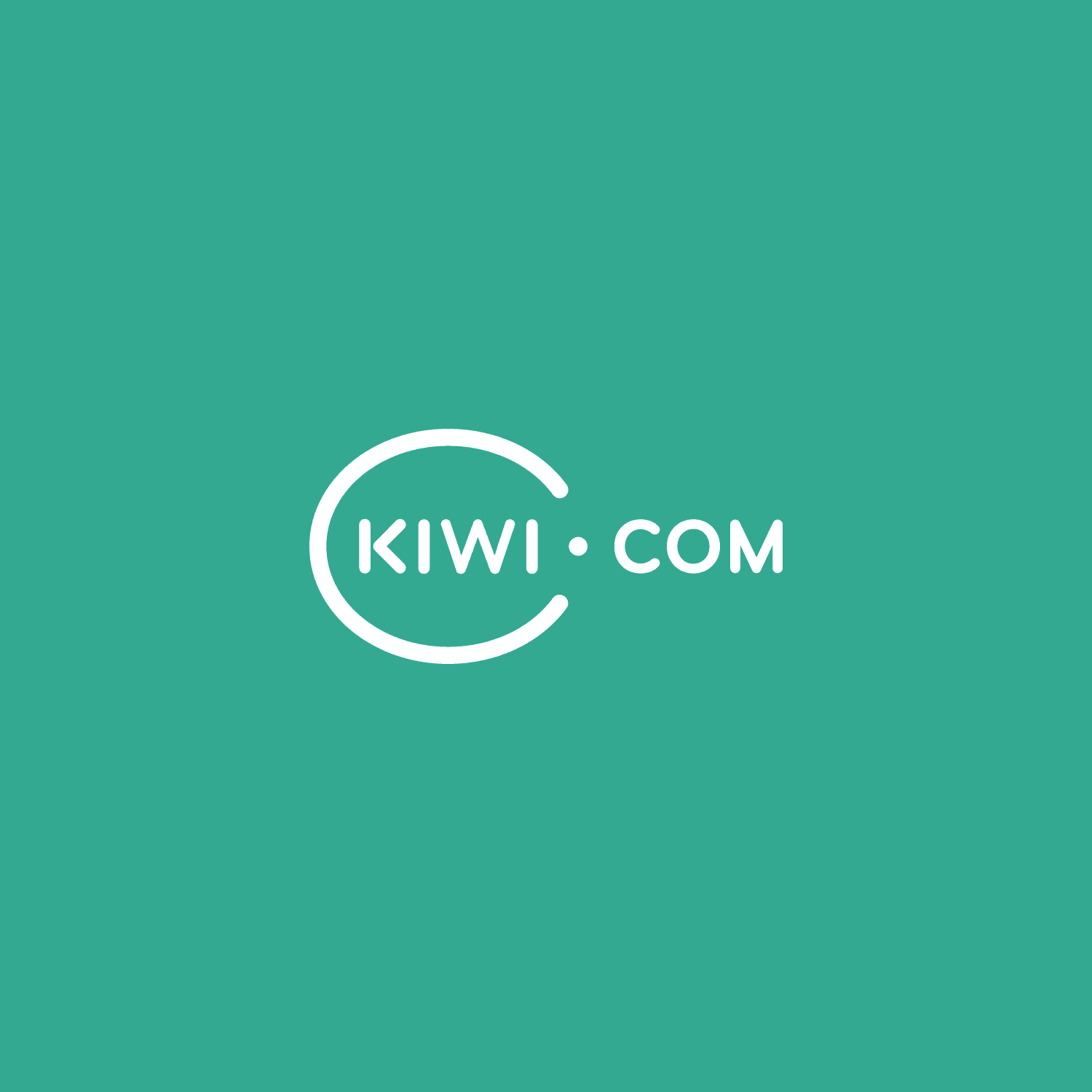 Logo Kiwi.com bianco con testo e cerchio parziale su uno sfondo verde acqua uniforme.